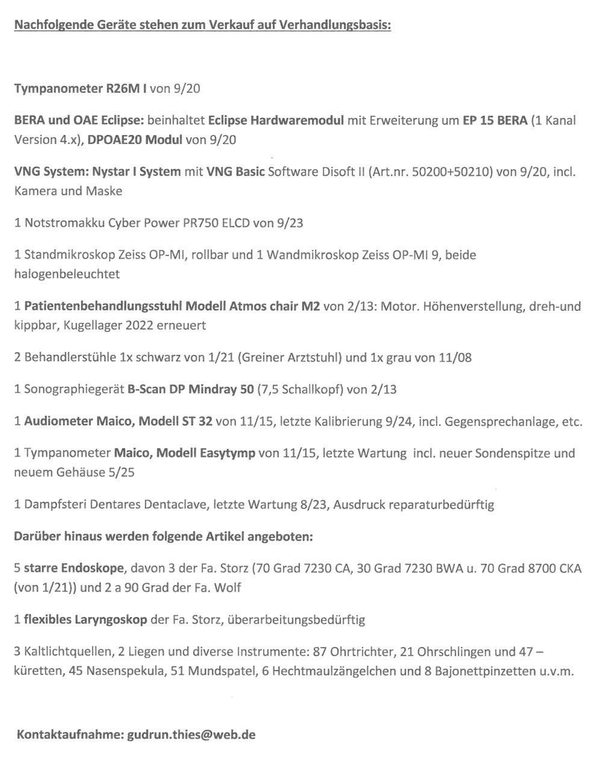 HNO Geraetschaften und Instrumentarium wg Praxisaufgabe zu verkaufen